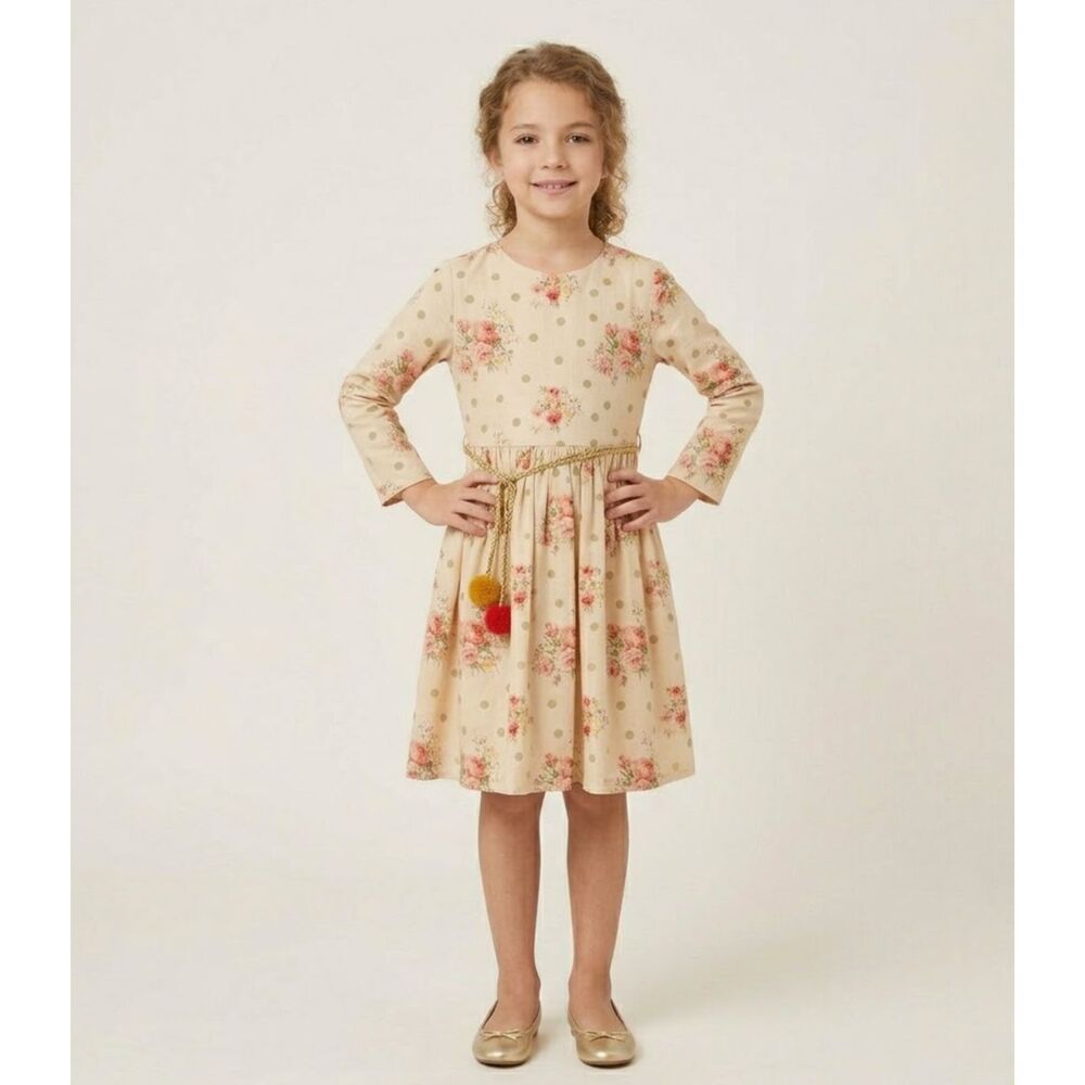 NWT Little Akiabara Girls Floral & Gold Polka Dot Dress Sz 10 Pom Pom Boho